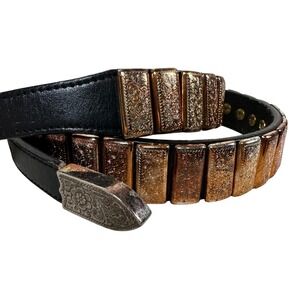 Nocona Belt Co Mens Black‎ Leather Western Belt Silver Copper Ornate Plates 34